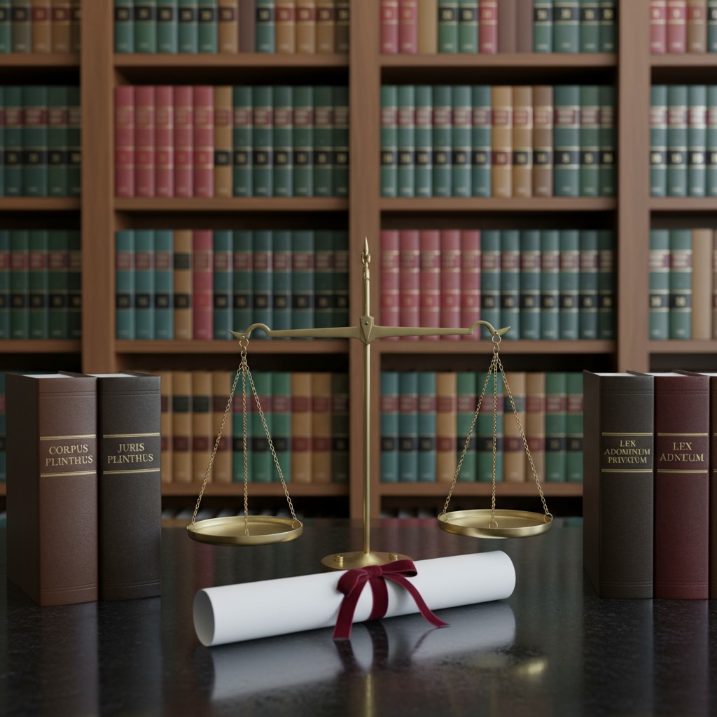 Books on jurisprudence and law. A scroll, scale, and case reports are in the foreground.