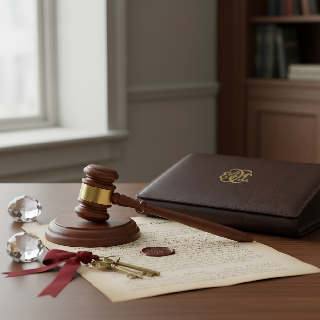 The judge is holding a gavel and marking or ruling on an official document, or perhaps entering a verdict; indicating a co...
